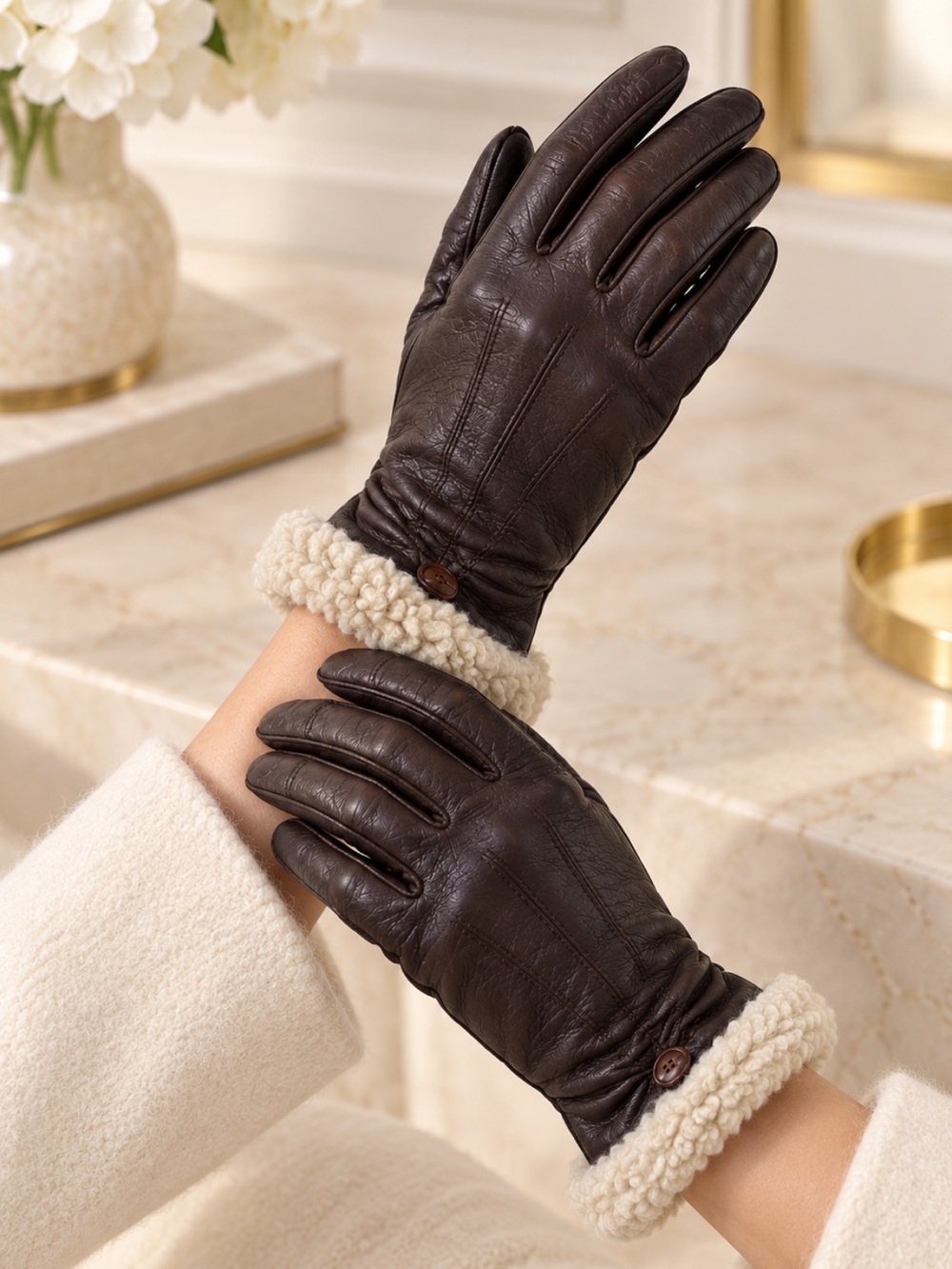 Women's Dark Brown Leather Gloves with Cream faux Shearling Cuff❤️6.5(XS-S)
